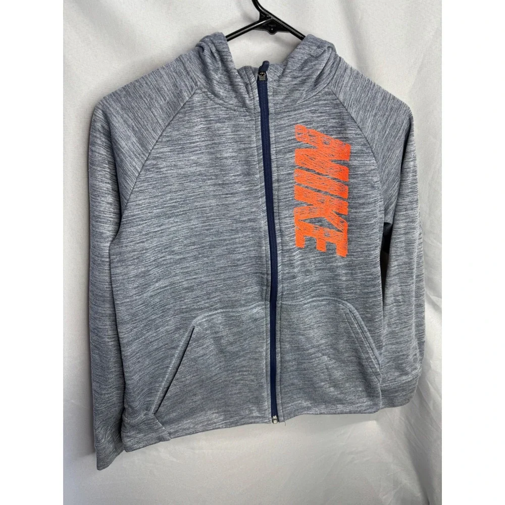Nike Dri-FIT Boys Full Zip Hoodie Gray Space Dye Orange Logo Size Large L
